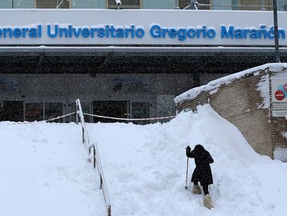 The entrance to the Gregorio Marañon hospital in Madrid covered in snow due to Storm Filomena.