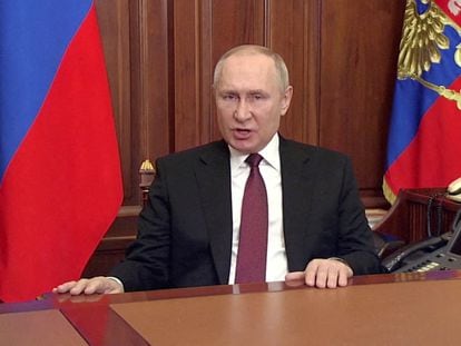 Russian President Vladimir Putin during a televised address on February 24, 2022.