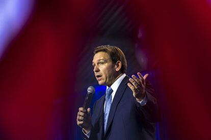 Florida Governor Ron DeSantis speaks during a Freedom Blueprint event in Des Moines, Iowa, on March 10, 2023.