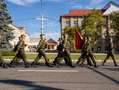 Transnistrian soldiers parade through the city of Tiraspol on September 2, 2023.
