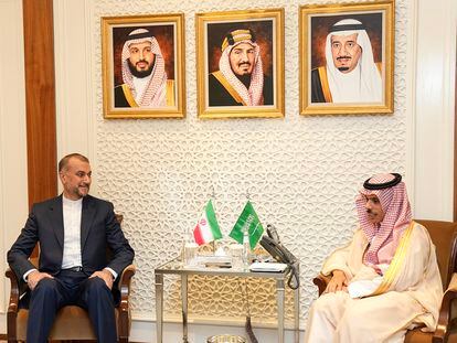 A handout photo made available by the Iranian Foreign Ministry Office shows Saudi Foreign Minister Prince Faisal bin Farhan Al Saud (R) and Iranian Foreign Minister Hossein Amir-Abdollahian attending a meeting in Riyadh, Saudi Arabia, 17 August 2023.