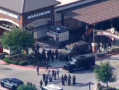 Police respond to a shooting in the Dallas area's Allen Premium Outlets, which authorities said has left multiple people injured in Allen, Texas, U.S.