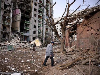 The ruins of a residential building hit by Russian missiles in the Ukrainian city of Kharkiv.