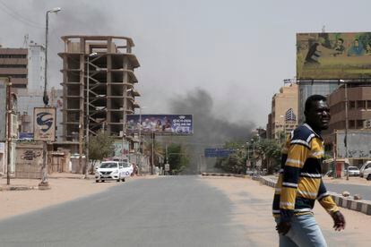 Smoke is seen rising from a neighborhood in Khartoum, Sudan, on April 15, 2023.