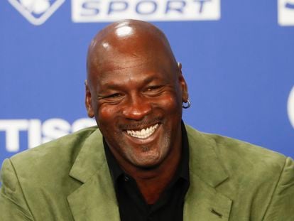 Basketball legend Michael Jordan speaks during a press conference ahead of an NBA basketball game between the Charlotte Hornets and Milwaukee Bucks in Paris, Jan. 24, 2020.