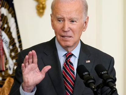 President Joe Biden speaks in the East Room of the White House, on March 27, 2023, in Washington.