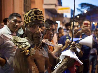 Indigenous leaders from the Ayoreo tribe protest in downtown Asunción, the capital and largest city of Paraguay.