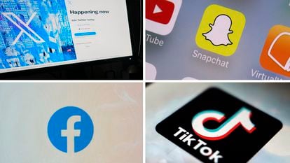 This combination of photos shows logos of X, formerly known as Twitter, top left; Snapchat, top right; Facebook, bottom left; and TikTok, bottom right.