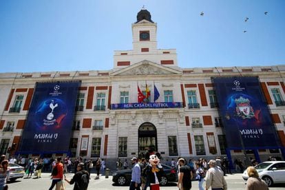 Banners of the 2018 UEFA Champions League final are seen in Madrid.