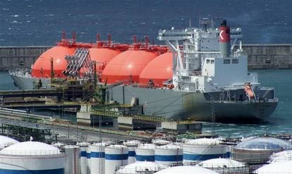 An LNG carrier docked at a regasification plant in Spain.