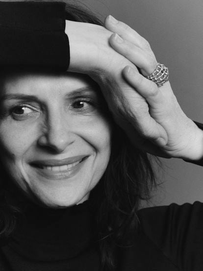 “If I don't see a transformation in the script, I'm usually not interested,” says Juliette Binoche, wearing a Hermès jersey and a Grassy ring.