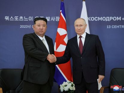 Russia's President Vladimir Putin and North Korea's leader Kim Jong Un attend a meeting in the far eastern Amur region, Russia, September 13, 2023.