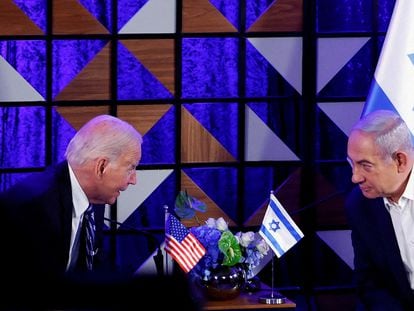 U.S. President Joe Biden attends a meeting with Israeli Prime Minister Benjamin Netanyahu in Tel Aviv on October 18, 2023.