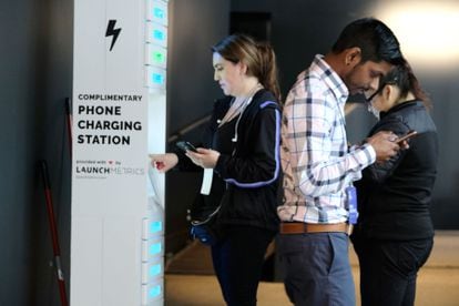 A view of the phone charging station during New York Fashion Week