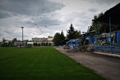 Kupiansk municipal stadium, partially destroyed by Russian attacks.