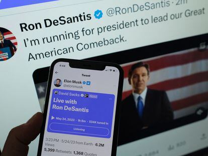 This illustration photo shows the live Twitter talk with Elon Musk on a background of Ron DeSantis as he announces his 2024 presidential run on his Twitter page, May 24, 2023, in Los Angeles, California.