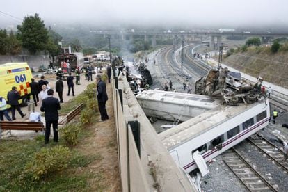 The Alvia train after derailing near Santiago de Compostela.