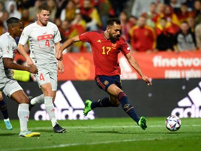Spain's Borja Iglesias during the UEFA Nations League soccer match between Spain and Switzerland, at the Benito Villamarín Stadium, in Seville, Spain, September 24, 2022.