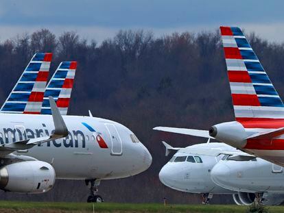 American Airlines planes are parked at Pittsburgh International Airport in Imperial, Pennsylvania, in March 2020.