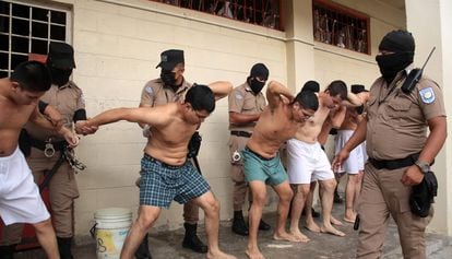 Suspected gang members in police custody in a prison in El Salvador.