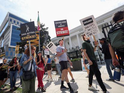 The picket line of writers and actors outside Netflix offices in Los Angeles.