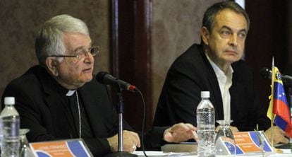 Former Spanish PM José Luis Rodríguez Zapatero and Monsignor Emil Paul Tscherrig on Monday.