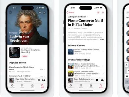 Screenshots of the new Apple Music Classical app.
