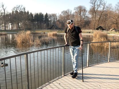 Gert-Jan Oskam, in a trial run of the digital bridge that connects his brain to his spinal cord.