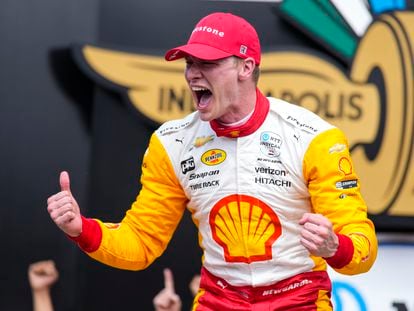 Josef Newgarden celebrates after winning the Indianapolis 500 auto race at Indianapolis Motor Speedway in Indianapolis, on May 28, 2023.