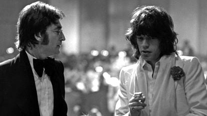 Mick Jagger and John Lennon at an event on March 13, 1974.