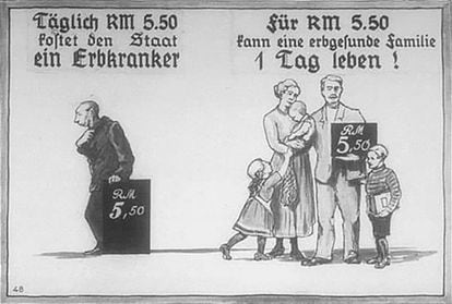 Nazi propaganda comparing the cost of an ill person with the cost of a healthy family.