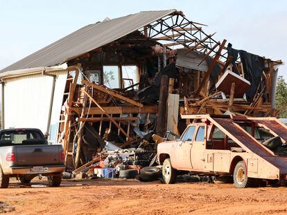 A damaged home is seen in the aftermath of severe weather, Thursday, Jan. 12, 2023, near Prattville, Alabama.