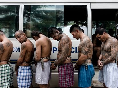 A group of gang members detained in El Salvador, in a file photo.