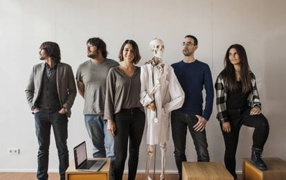 Izanami Martínez – on the left of the skeleton – poses with her team at Doctor24, a startup that puts doctors and patients in touch on line. She is also President of the Spanish Startup Association.