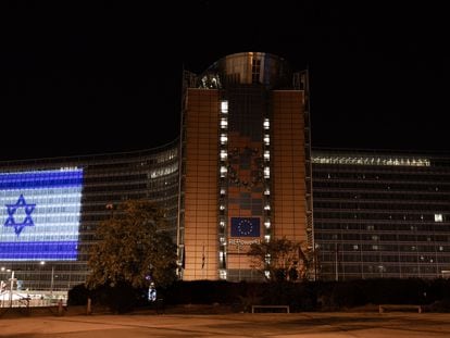 A handout photo made available by the European Commission showing a light projection of the Israeli flag on the Berlymont, the headquarters of the European Commission, in Brussels, Belgium, 08 October 2023