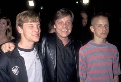 Mark Hamill and his sons, Nathan Hamill and Griffin Hamill, at the California premiere of 'Starship Troopers' in 1997.