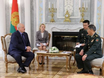 Belarusian President Alexander Lukashenko and Chinese Defence Minister Li Shangfu attend a meeting in Minsk, Belarus August 17, 2023.