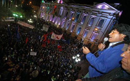 Morales delivers a victory speech on the presidential palace balcony in La Paz on Sunday.