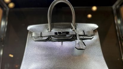 View of a Hermes Silver Metallic Chevre Birkin 30 bag up for auction at Sotheby's in New York City, U.S., June 1, 2023.