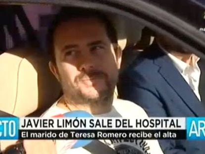 Javier Limón is driven home by his lawyer after leaving Carlos III hospital.