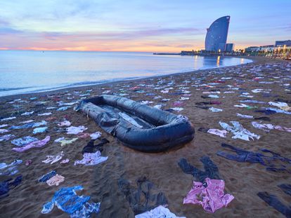 An installation by the NGO Open Arms to protest that more than 2,600 people have drowned in the Mediterranean in 2023.