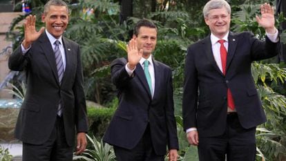 Barack Obama, Enrique Peña Nieto and Stephen Harper, in Toluca.