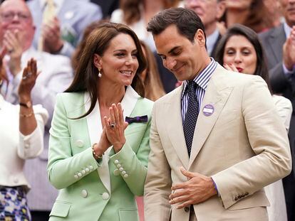 Kate, Princess of Wales, left, shares a word with tennis champion Roger Federer