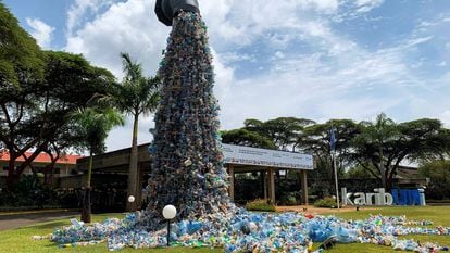 A monument dubbed "turn off the plastic tap" by Canadian Benjamin von Wong, at the United Nations Environment Programme (UNEP) Headquarters in Nairobi, Kenya February 25, 2022.