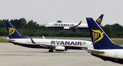 Ryanair planes at London Stansted Airport.