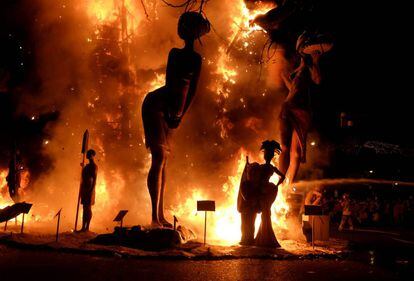 Figures of a Fallas monument burn during the finale of the Fallas festival.