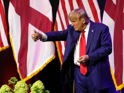Former President Donald Trump gestures after speaking at a fundraiser event for the Alabama GOP, Friday, Aug. 4, 2023, in Montgomery, Ala.