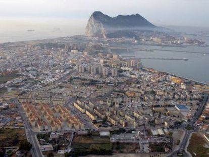 An aerial view over the Rock of Gibraltar and the Spanish town of La Línea de la Concepción.