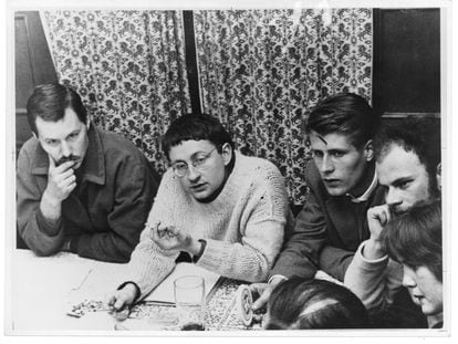 French philosopher Guy Debord attends the 3rd Conference of the Situationist International in Munich with artists L. Fischer and H. Houdejans; April 1959.