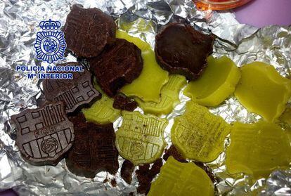 Some of the sweets made with marijuana and magic mushrooms, molded in the shape of a soccer logo.